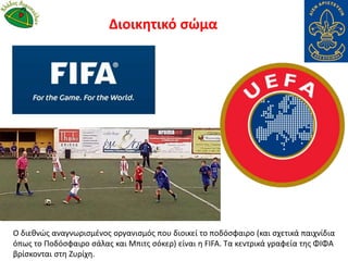 Ο διεθνώς αναγνωρισμένος οργανισμός που διοικεί το ποδόσφαιρο (και σχετικά παιχνίδια
όπως το Ποδόσφαιρο σάλας και Μπιτς σόκερ) είναι η FIFA. Τα κεντρικά γραφεία της ΦΙΦΑ
βρίσκονται στη Ζυρίχη.
Διοικητικό σώμα
 