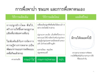 การพึ่งพาป่า ชนบท และการพึ่งพาตนเอง
18
วิถีการผลิตเดิม วิถีการผลิตใหม่ ผลลัพธ์ใหม่
การปลูกข้าวโพด พืชไร่,
สร้างรายได้ขึ้นตามฤดูกาล
(เชิงเดี่ยว/ช่องทางเดียว)
ไม่สัมพันธ์กับการจัดการ
ความรู้ทางการตลาด (เป็น
พัฒนาการแบบการผลิตแบบ
เหลือกินแล้วขาย)
เปลี่ยนเป็นปลูกพืชยืนต้น/ไม้ผล (ป่า 3
อย่าง ประโยชน์ 4 อย่าง)
ปลูกมะคาเดเมีย เป็นพืชที่โครงการ
หลวงและให้นาผลิตภัณฑ์แปรรูปของ
กลุ่มผู้แปรรูปแมคคาเดเมียของอาเภอนา
แห้ว ไปจาหน่ายที่ร้านภูฟ้ า
มะขามป้ อม - สมุนไพร
ปลูกสตรอเบอรี่
กรมป่าไม้ กรมการปกครอง กปร.ความร่วมมือ
มีรายได้ตลอดทั้งปี
ความสามารถของการจัดสรร
รายได้ที่สัมพันธ์กับรายจ่าย/การใช้
ชีวิตประจาวัน
 