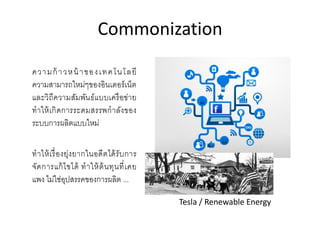 Commonization
ความก้ าวหน้ าของเทคโนโลยี
ความสามารถใหม่ๆของอินเตอร์เน็ต
และวิถีความสัมพันธ์แบบเครือข่าย
ทาให้เกิดการระดมสรรพกาลังของ
ระบบการผลิตแบบใหม่
ทาให้เรื่องยุ่งยากในอดีตได้รับการ
จัดการแก้ไขได้ ทาให้ต้นทุนที่เคย
แพง ไม่ใช่อุปสรรคของการผลิต ...
Tesla / Renewable Energy
 