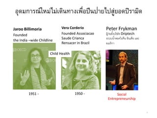 Jaroo Billimoria
Founded
the India –wide Childline
1951 -
Vera Corderio
Founded Associacao
Saude Crianca
Rensacer in Brazil
Child Health
1950 -
8
อุดมการณ์ใหม่ไม่เดินทางเพื่อปีนป่ายไปสู่ยอดปิรามิด
Peter Frykman
ผู้ก่อตั้งบริษัท Driptech
ระบบน้าหยดในจีน อินเดีย และ
อเมริกา
Social
Entrepreneurship
 