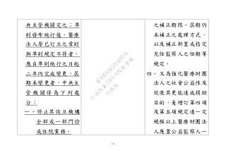 14
央主管機關定之；準
則發布施行後，醫療
法人原已訂立之章則
與準則規定不符者，
應自準則施行之日起
二年內完成變更，屆
期未變更者，中央主
管 機 關 得 為 下 列 處
分：
一、停止其設立機構
全部或一部門診
或住院業務。
之補正期限、屆期仍
未補正之處理方式，
以及補正新置或指定
充任監察人之任期等
規定。
四、 又為強化醫療財團
法人之社會公益性及
促使其更能達成捐助
目的，爰增訂第四項
及第五項規定達一定
規模以上醫療財團法
人應置公益監察人一
行
政
院
行
政
院
第
3543次
院
會
會
議
DF9EDDA95F18D056
 