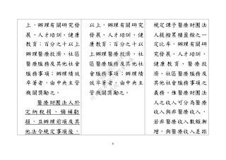 41
上，辦理有關研究發
展、人才培訓、健康
教育；百分之十以上
辦理醫療救濟、社區
醫療服務及其他社會
服務事項；辦理績效
卓著者，由中央主管
機關獎勵之。
醫療財團法人於
完 納 稅 捐 、 彌 補 虧
損，且辦理前項及其
他法令規定事項後，
以上，辦理有關研究
發展、人才培訓、健
康教育；百分之十以
上辦理醫療救濟、社
區醫療服務及其他社
會服務事項；辦理績
效卓著者，由中央主
管機關獎勵之。
規定課予醫療財團法
人提撥累積盈餘之一
定比率，辦理有關研
究發展、人才培訓、
健 康 教 育 、 醫 療 救
濟、社區醫療服務及
其他社會服務事項之
義務。惟醫療財團法
人之收入可分為醫療
收入與非醫療收入，
若非醫療收入數額漸
增，與醫療收入差距
行
政
院
行
政
院
第
3543次
院
會
會
議
DF9EDDA95F18D056
 