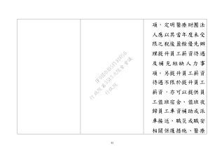 44
項，定明醫療財團法
人應以其當年度未受
限之稅後盈餘優先辦
理提升員工薪資待遇
及 補 充 短 缺 人 力 事
項。另提升員工薪資
待遇不限於提升員工
薪資，亦可以提供員
工值班宿舍、值班夜
歸員工車資補助或派
車接送、職災或職安
相關保護措施、醫療
行
政
院
行
政
院
第
3543次
院
會
會
議
DF9EDDA95F18D056
 