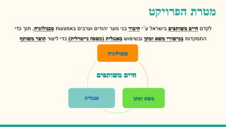 ‫מטרת‬‫הפרויקט‬
‫לקדם‬‫חיים‬‫משותפים‬‫ע‬ ‫בישראל‬"‫י‬‫חיבור‬‫באמצעות‬ ‫וערבים‬ ‫יהודים‬ ‫נוער‬ ‫בני‬‫טכנולוגיה‬,‫כדי‬ ‫תוך‬
‫התמקדות‬‫בכישורי‬‫משא‬‫ומתן‬‫ובשימוש‬‫באנגלית‬(‫כשפה‬‫נייטרלית‬)‫ליצור‬ ‫כדי‬‫תוצר‬‫משותף‬
‫טכנולוגיה‬
‫משא‬‫ומתן‬‫אנגלית‬
 