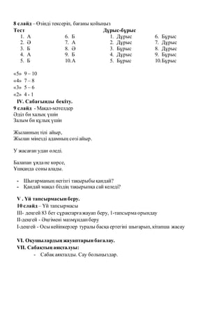 8 слайд – Өзінді тексеріп, бағаны қойыңыз
Тест
1. А
2. Ә
3. Б
4. А
5. Б
6. Б
7. А
8. Ә
9. Б
10.А
Дұрыс-бұрыс
1. Дұрыс
2. Дұрыс
3. Бұрыс
4. Дұрыс
5. Бұрыс
6. Бұрыс
7. Дұрыс
8. Дұрыс
9. Бұрыс
10.Бұрыс
«5» 9 – 10
«4» 7 – 8
«3» 5 – 6
«2» 4 - 1
ІV. Сабағынды бекіту.
9 слайд - Мақал-мәтелдер
Әділ би халық үшін
Залым би құлық үшін
Жыланның тілі айыр,
Жылан мінезді адамның сөзіайыр.
У жасаған удан өледі.
Балапан ұядане көрсе,
Ұшқанда соны алады.
- Шығарманың негізгі тақырыбы қандай?
- Қандай мақал біздің тақырыпқа сай келеді?
V . Үй тапсырмасын беру.
10 слайд – Үй тапсырмасы
ІІІ- деңгей 83 бет сұрақтарғажауап беру, 1-тапсырма орындау
ІІ-деңгей - Әңгімені мазмұндапберу
І-деңгей - Осы кейіпкерлер туралы басқа ертегіні шығарып, кітапша жасау
VІ. Оқушылардың жауаптарын бағалау.
VІІ. Сабақтың аяқталуы:
- Сабақ аяқталды. Сау болыңыздар.
 