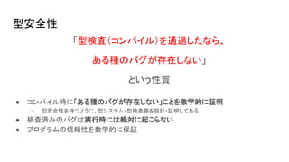 型安全性
● コンパイル時に「ある種のバグが存在しない」ことを数学的に証明
○ 型安全性を持つように、型システム・型検査器を設計・証明してある
● 検査済みのバグは実行時には絶対に起こらない
● プログラムの信頼性を数学的に保証
「型検査（コンパイル）を通過したなら、
ある種のバグが存在しない」
という性質
 