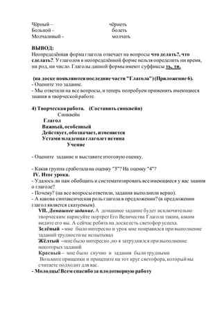 Чёрный – чёрнеть
Больной – болеть
Молчаливый - молчать
ВЫВОД:
Неопределённая формаглагола отвечает на вопросы что делать?, что
сделать?. Углаголов в неопределённой форме нельзя определить ни время,
ни род, ни число. Глаголы данной формы имеют суффиксы ть, ти.
(на доске появляютсяпоследниечасти "Глагола")(Приложение 6).
- Оцените это задание.
- Мы ответили на все вопросы, итеперь попробуем применить имеющиеся
знания в творческойработе.
4) Творческаяработа. (Составить синквейн)
Синквейн
Глагол
Важный, особенный
Действует, обозначает, изменяется
Устами младенцаглаголетистина
Учение
- Оцените задание и выставите итоговую оценку.
- Какая группа сработалана оценку "5"? На оценку "4"?
IV. Итог урока.
- Удалось ли нам обобщить и систематизировать всеимеющиеся у вас знания
о глаголе?
- Почему? (на все вопросыответили, задания выполнили верно).
- А какова синтаксическая роль глагола в предложении? (в предложении
глагол является сказуемым).
VII. Домашнее задание. А домашнее задание будет исключительно
творческим:нарисуйте портретЕго Величества Глагола таким, каким
видите его вы. А сейчас ребята на доскеесть светофор успеха.
Зелёный -мне было интересно и урок мне понравился привыполнение
заданий трудностине испытывал
Жёлтый –мнебыло интересно ,но я затруднялся привыполнение
некоторыхзаданий
Красный – мне было скучно и задания былитрудными
Возьмитеприщепки и прицепите на тот круг светофора, которыйвы
считаете подходитдля вас.
- Молодцы!Всем спасибоза плодотворную работу
 