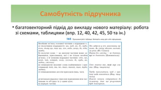 Самобутність підручника
• багатовекторний підхід до викладу нового матеріалу: робота
зі схемами, таблицями (впр. 12, 40, 42, 45, 50 та ін.)
 