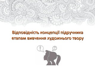 Відповідність концепції підручникаВідповідність концепції підручника
етапам вивчення художнього творуетапам вивчення художнього твору
 