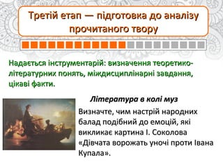 Третій етап — підготовка до аналізуТретій етап — підготовка до аналізу
прочитаного творупрочитаного твору
Надається інструментарій: визначення теоретико-Надається інструментарій: визначення теоретико-
літературних понять, міждисциплінарні завдання,літературних понять, міждисциплінарні завдання,
цікаві факти.цікаві факти.
Література в колі музЛітература в колі муз
Визначте, чим настрій народнихВизначте, чим настрій народних
балад подібний до емоцій, якібалад подібний до емоцій, які
викликаєвикликає картина І. Соколовакартина І. Соколова
«Дівчата ворожать уночі проти Івана«Дівчата ворожать уночі проти Івана
Купала».Купала».
 