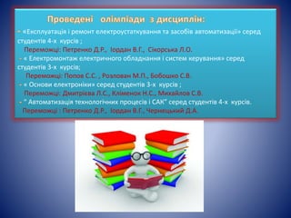 «Експлуатація і ремонт електроустаткування та засобів автоматизації» серед
студентів 4-х курсів ;
Переможці: Петренко Д.Р., Іордан В.Г., Сікорська Л.О.
« Електромонтаж електричного обладнання і систем керування» серед
студентів 3-х курсів;
Переможці: Попов С.С. , Розлован М.П., Бобошко С.В.
« Основи електроніки» серед студентів 3-х курсів ;
Переможці: Дмитрієва Л.С., Кліменок Н.С., Михайлов С.В.
“ Автоматизація технологічних процесів і САК” серед студентів 4-х курсів.
Переможці : Петренко Д.Р., Іордан В.Г., Чернецький Д.А.
 