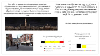 Населението наброява 11,239,755 души и
гъстотата е 363 д./km². Тя е най-високата в
Европа след Нидерландия и някои малки
страни като Монако. Естественият прираст
е 0,82% по данни от 2008г.
Белгия има три официални езика
Над 98% от възрастното население е грамотно.
Образованието е задължително от шест до осемнадесет
годишна възраст, но повечето белгийци продължават
обучението си до 23 години. Въпреки това скорошни
изследвания посочват функционална неграмотност от над
10%!
 