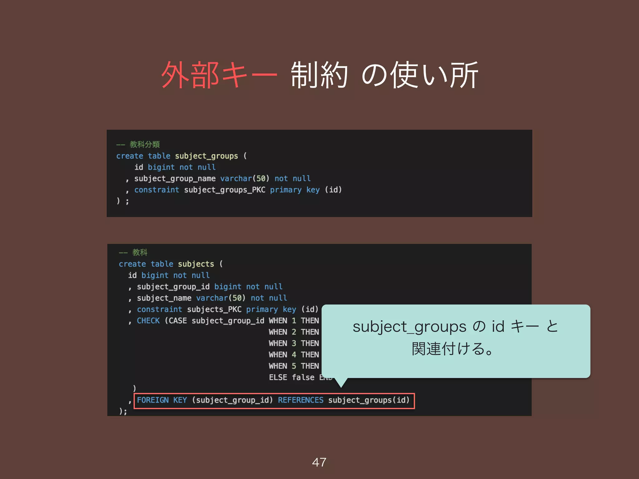 外部キー 制約 の使い所
47
subject_groups の id キー と
関連付ける。
 
