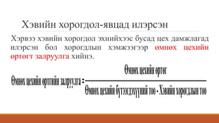 Хэвийн хорогдол-явцад илэрсэн
Хэрвээ хэвийн хорогдол эхнийхээс бусад цех дамжлагад
илэрсэн бол хорогдлын хэмжээгээр өмнөх цехийн
өртөгт залруулга хийнэ.
 