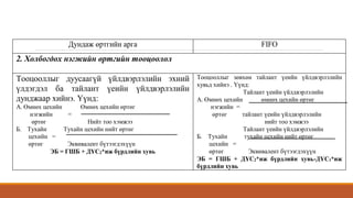 Дундаж өртгийн арга FIFO
2. Холбогдох нэгжийн өртгийн тооцоолол
Тооцооллыг дуусаагүй үйлдвэрлэлийн эхний
үлдэгдэл ба тайлант үеийн үйлдвэрлэлийн
дунджаар хийнэ. Үүнд:
А. Өмнөх цехийн Өмнөх цехийн өртөг
нэгжийн =
өртөг Нийт тоо хэмжээ
Б. Тухайн Тухайн цехийн нийт өртөг
цехийн =
өртөг Эквивалент бүтээгдэхүүн
ЭБ = ГШБ + ДҮС2*иж бүрдлийн хувь
Тооцооллыг зөвхөн тайлант үеийн үйлдвэрлэлийн
хувьд хийнэ . Үүнд:
Тайлант үеийн үйлдвэрлэлийн
А. Өмнөх цехийн өмнөх цехийн өртөг
нэгжийн =
өртөг тайлант үеийн үйлдвэрлэлийн
нийт тоо хэмжээ
Тайлант үеийн үйлдвэрлэлийн
Б. Тухайн тухайн цехийн нийт өртөг
цехийн =
өртөг Эквивалент бүтээгдэхүүн
ЭБ = ГШБ + ДҮС2*иж бүрдлийн хувь-ДҮС1*иж
бүрдлийн хувь
 