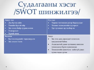 Судалгааны хэсэг
/SWOT шинжилгээ/
Давуу тал
 Дэд бүтэц сайн
 Төвийн бүстэй ойр
 Зах зээлд байр сууриа олсон
 Тээвэрлэлт
 Хүний нөөц
Сул тал
 Төрөөс тогтоосон үнээр борлуулдаг
 Техник технологийн хуучралт
 Урт хугацаат өр төлбөр их
Боломж
 Бүтээгдэхүүнийг төрөлжүүлэх
 Зах зээлээ тэлэх
Аюул
 Зах зээл дахь өрсөлдөгч нэмэгдэх
хандлагатай байна
 Алдагдалтай удаан хугацаанд ажиллах
тохиолдолд бүрэн хувьчлагдах
 Технологийн шинэчлэл хийхгүй удвал
хүчин чадал дутна
 