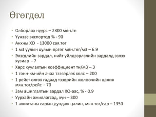 Өгөгдөл
• Олборлох нүүрс – 2300 мян.тн
• Үүнээс экспортод % - 90
• Анхны ХО - 13000 сая.төг
• 1 м3 уулын цулын өртөг мян.төг/м3 – 6.9
• Элэгдлийн зардал, нийт үйлдвэрлэлийн зардалд эзлэх
хувиар - 7
• Хөрс хуулалтын коэффициент тн/м3 – 3
• 1 тонн-км-ийн ачаа тээвэрлэх хөлс – 200
• 1 рейст олгох гадаад тээврийн жолоочийн цалин
мян.төг/рейс – 70
• Зам ашиглалтын зардал ХО-аас, % - 0.9
• Уурхайн ажиллагсад, хүн – 300
• 1 ажилтаны сарын дундаж цалин, мян.төг/сар – 1350
 