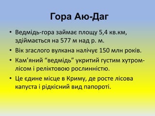 • Ведмідь-гора займає площу 5,4 кв.км,
здіймається на 577 м над р. м.
• Вік згаслого вулкана налічує 150 млн років.
• Кам’яний “ведмідь” укритий густим хутром-
лісом і реліктовою рослинністю.
• Це єдине місце в Криму, де росте лісова
капуста і рідкісний вид папороті.
Гора Аю-Даг
 