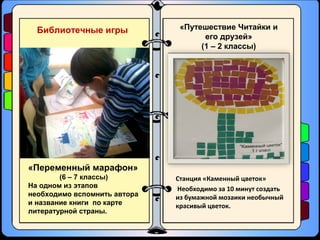 Библиотечные игры
«Переменный марафон»
(6 – 7 классы)
На одном из этапов
необходимо вспомнить автора
и название книги по карте
литературной страны.
«Путешествие Читайки и
его друзей»
(1 – 2 классы)
Станция «Каменный цветок»
Необходимо за 10 минут создать
из бумажной мозаики необычный
красивый цветок.
 