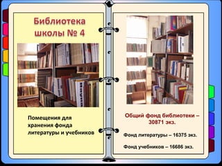 Помещения для
хранения фонда
литературы и учебников
Общий фонд библиотеки –
30871 экз.
Фонд литературы – 16375 экз.
Фонд учебников – 16686 экз.
 