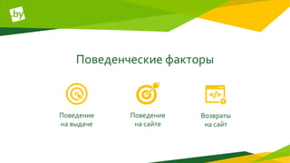 Поведенческие факторы
Возвраты
на сайт
Поведение
на выдаче
Поведение
на сайте
 