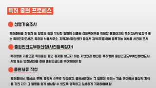 특허 출원 프로세스
선행기술조사
특허출원을 하기전 동 발명과 동일 유사한 발명의 선출원 선등록여부를 특허청 홈페이지의 특허정보무료검색 또
는 특허전자도서관, 특허청 서울사무소, 지역지식재산센터 등에서 검색(무료)하여 등록가능 여부를 사전에 조사
특허청에 처음으로 특허출원 등의 절차를 밟고자 하는 자연인과 법인은 특허청에 출원인코드부여신청(반드시
서명 또는 인장날인)을 하여 출원인코드를 부여받아야 함
특허출원서, 명세서, 도면, 요약서 순으로 작성하고, 출원서류에는 그 발명이 속하는 기술 분야에서 통상의 지식
을 가진 자가 그 발명을 쉽게 실시할 수 있도록 명확하고 상세하게 기재하여야 함
출원인코드부여신청(사전등록절차)
출원서류 작성
 