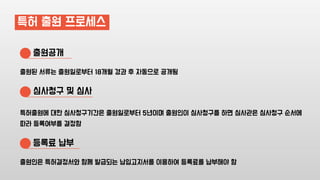 특허 출원 프로세스
출원된 서류는 출원일로부터 18개월 경과 후 자동으로 공개됨
특허출원에 대한 심사청구기간은 출원일로부터 5년이며 출원인이 심사청구를 하면 심사관은 심사청구 순서에
따라 등록여부를 결정함
출원인은 특허결정서와 함께 발급되는 납입고지서를 이용하여 등록료를 납부해야 함
출원공개
심사청구 및 심사
등록료 납부
 