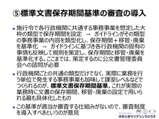  施行令で各行政機関に共通する事務事業を想定した大
枠の類型で保存期間を設定 → ガイドラインがその類型
の事務事業の内容を類型化し、保存期間＋移管・廃棄
を基準化 → ガイドラインに基づき各行政機関の固有の
事情も反映して規則を策定し、保存期間と移管・廃棄を
基準化する。ここまでは、策定するのに公文書管理委員
会への諮問が必要
 行政機関ごとの共通の類型だけでなく、実際に業務を行
う単位で発生する事務事業も加味して課室レベルなどで
つくられるのが、標準文書保存期間基準。これが実際の
業務時に文書の保存期間、移管・廃棄の設定で用いら
れる最も具体化したもの
 この基準が適当か審査する仕組みがないので、審査制度
を導入すべきというのが意見
⑤標準文書保存期間基準の審査の導入
 