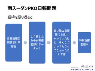 南スーダンPKO日報問題
経緯を振り返ると
日報情報公
開請求に不
存在
よく探したら
中央幕僚監
部にデータ
が！
実は陸上自衛
隊でも見つかっ
ていたけど、み
んなでよってた
かってなかった
こと工作
特別防衛
監察中
 