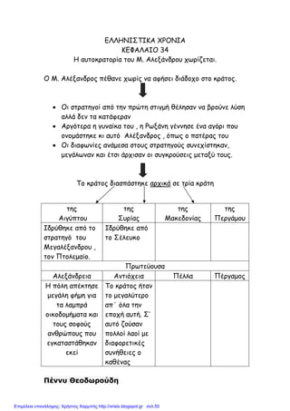 ΕΛΛΗΝΙΣΤΙΚΑ ΧΡΟΝΙΑ
ΚΕΦΑΛΑΙΟ 34
Η αυτοκρατορία του Μ. Αλεξάνδρου χωρίζεται.
Ο Μ. Αλέξανδρος πέθανε χωρίς να αφήσει διάδοχο στο κράτος.
• Οι στρατηγοί από την πρώτη στιγµή θέλησαν να βρούνε λύση
αλλά δεν τα κατάφεραν
• Αργότερα η γυναίκα του , η Ρωξάνη γέννησε ένα αγόρι που
ονοµάστηκε κι αυτό Αλέξανδρος , όπως ο πατέρας του
• Οι διαφωνίες ανάµεσα στους στρατηγούς συνεχίστηκαν,
µεγάλωναν και έτσι άρχισαν οι συγκρούσεις µεταξύ τους.
Το κράτος διασπάστηκε αρχικά σε τρία κράτη
Πέννυ Θεοδωρούδη
της
Αιγύπτου
της
Συρίας
της
Μακεδονίας
της
Περγάµου
Ιδρύθηκε από το
στρατηγό του
Μεγαλέξανδρου ,
τον Πτολεµαίο.
Ιδρύθηκε από
το Σέλευκο
Πρωτεύουσα
Αλεξάνδρεια Αντιόχεια Πέλλα Πέργαµος
Η πόλη απέκτησε
µεγάλη φήµη για
τα λαµπρά
οικοδοµήµατα και
τους σοφούς
ανθρώπους που
εγκαταστάθηκαν
εκεί
Το κράτος ήταν
το µεγαλύτερο
απ΄ όλα την
εποχή αυτή. Σ’
αυτό ζούσαν
πολλοί λαοί µε
διαφορετικές
συνήθειες ο
καθένας
Επιμέλεια επανάληψης: Χρήστος Χαρμπής http://xristx.blogspot.gr σελ.50
 
