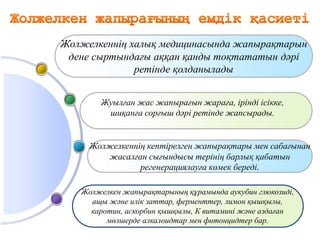 Жолжелкеннің кептірелген жапырақтары мен сабағынан
жасалған сығындысы терінің барлық қабатын
регенерациялауға көмек береді.
Жолжелкеннің халық медицинасында жапырақтарын
дене сыртындағы аққан қанды тоқтататын дәрі
ретінде қолданылады
Жуылған жас жапырағын жараға, ірінді ісікке,
шиқанға сорғыш дәрі ретінде жапсырады.
Жолжелкен жапырақтарының құрамында аукубин глюкозиді,
ащы және илік заттар, ферменттер, лимон қышқылы,
каротин, аскорбин қышқылы, К витамині және аздаған
мөлшерде алкалоидтар мен фитонцидтер бар.
 