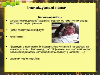 Індивідуальні папки
Наповнюваність
• алгоритмами до розв’язування певних математичних вправ,
текстових задач, рівнянь;
• назви геометричних фігур;
• константи;
• формули з прописом, їх правильного читання і наголосом на
кожному слові. Наприклад, π≈3,14 (читати: число П наближено
дорівнює три цілих чотирнадцять сотих); ( читати…..).
• словник нових термінів.
 