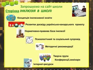 Запрошуємо на сайт школи
Сторінка ІНКЛЮЗІЯ В ШКОЛІ
Концепція інклюзивної освіти
Розвиток досвіду українсько-канадського проекту
Нормативно-правова база інклюзії
Конференції,семінари
Методичні рекомендації
Інтернет-ресурси
Творча група
Психологічний та соціальний супровід
 