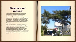 В Челябинске в годы русско-японской
войны были созданы сразу несколько
«импровизированных» военных
госпиталей. В одном из них один раненный
мужчина вез к себе домой семена даурских
лиственниц, чтобы посадить в память об
этой войне и павших на ней русских войнах.
Умирая, он попросил посадить семена в
Челябинске.
С тех пор эти живые исполины стали,
пожалуй, самым главным на Южном Урале
«памятником» погибшим на русско-
японской войне бойцам. Кстати, сад был
очень большим, он тянулся через весь
современный проспект Ленина. Сегодня тех
самых даурских лиственниц осталось всего
пять.
 
