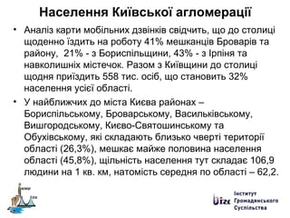 Населення Київської агломерації
• Аналіз карти мобільних дзвінків свідчить, що до столиці
щоденно їздить на роботу 41% мешканців Броварів та
району, 21% - з Бориспільщини, 43% - з Ірпіня та
навколишніх містечок. Разом з Київщини до столиці
щодня приїздить 558 тис. осіб, що становить 32%
населення усієї області.
• У найближчих до міста Києва районах –
Бориспільському, Броварському, Васильківському,
Вишгородському, Києво-Святошинському та
Обухівському, які складають близько чверті території
області (26,3%), мешкає майже половина населення
області (45,8%), щільність населення тут складає 106,9
людини на 1 кв. км, натомість середня по області – 62,2.
 
