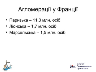 Агломерації у Франції
• Паризька – 11,3 млн. осіб
• Ліонська – 1,7 млн. осіб
• Марсельська – 1,5 млн. осіб
 