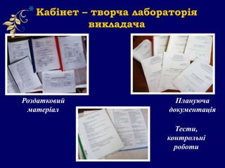 *Кабінет – творча лабораторія
викладача
Тести,
контрольні
роботи
Роздатковий
матеріал
Плануюча
документація
 