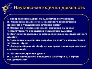 . Створення навчальної та плануючої документації
2. Створення комплексно-методичного забезпечення
предметів з урахуванням сучасних вимог
3. Заходи на покращення якості навчання на уроках
4. Підготовка та проведення предметних олімпіад
5. Вивчення передового та поширення власного педагогічного
досвіду
6.Підготовка методичних розробок та участь у педагогічних
читаннях ліцею
7. Диференційований підхід до контролю знань при вивченні
спецдисциплін
8. Взаємовідвідування уроків
9. Голова методкомісії викладачів і майстрів в/н сфери
обслуговування
 