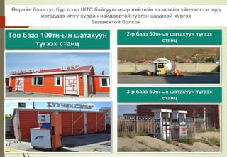 Төв бааз 100тн-ын шатахуун
түгээх станц
Өөрийн бааз тус бүр дээр ШТС байгуулснаар нийтийн тээврийн үйлчилгээг ард
иргэддээ илүү хурдан найдвартай түргэн шуурхай хүргэх
боломжтой болсон
3-р бааз 50тн-ын шатахуун түгээх
станц
2-р бааз 50тн-ын шатахуун түгээх
станц
 