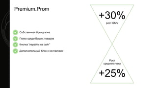 Premium.Prom
Собственная бренд-зона
Поиск среди Ваших товаров
Кнопка “перейти на сайт”
Дополнительный блок с контактами
+30%рост GMV
Рост
среднего чека
+25%
 