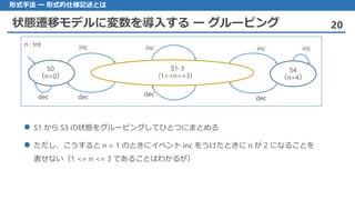 状態遷移モデルに変数を導入する ー グルーピング 20
形式手法 ー 形式的仕様記述とは
 S1 から S3 の状態をグルーピングしてひとつにまとめる
ただし 、こうすると n = 1 のときにイベント inc をうけたときに n が 2 になることを
表せない（1 <= n <= 3 であることはわかるが）
S0
（n=0）
inc
dec
S1-3
(1<=n<=3）
S4
（n=4）
inc
dec
inc
decdec
inc
n : Int
 