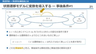 状態遷移モデルに変数を導入する ー 事後条件#1 21
形式手法 ー 形式的仕様記述とは
n = 1 のときにイベント inc をうけたときの n の変化を条件で表す
遷移後 の n は遷移前の n よりひとつ大きいものに等しい
S0
（n=0）
inc
dec
S1-3
(1<=n<=3）
S4
（n=4）
inc
dec
inc /
n’ = n +１
n’ = n + 1 （ n‘ は遷移後の n, = は代入ではなく等しいことを表す等号）
 これを事後条件と呼ぶ。事後条件は事前状態と事後状態の関係を表す
decdec
inc
n : Int
 