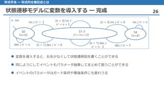 状態遷移モデルに変数を導入する ー 完成 26
形式手法 ー 形式的仕様記述とは
 変数を導入すると、丸を少なくして状態遷移図を書くことができる
 同じようにしてイベントもパラメータ抽象してまとめて扱うことができる
 イベントのパラメータはガード条件や事後条件にも表れうる
S0
（n=0）
inc / n’ = １
[n = 1] dec / n’ = 0
S1-3
(1<=n<=3）
S4
（n=4）
[n = 3] inc / n’ = 4
dec / n’ = 3
[n < 3] inc /
n’ = n +１
[n > 1] dec /
n’ = n -１
dec / n’ = n
inc / n’ = n
n : Int
 