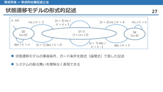 状態遷移モデルの形式的記述 27
形式手法 ー 形式的仕様記述とは
 状態遷移モデルの事後条件、ガード条件を数式（論理式）で表した記述
 システムの振る舞いを曖昧なく表現できる
S0
（n=0）
inc / n’ = １
[n = 1] dec / n’ = 0
S1-3
(1<=n<=3）
S4
（n=4）
[n = 3] inc / n’ = 4
dec / n’ = 3
[n < 3] inc /
n’ = n +１
[n > 1] dec /
n’ = n -１
dec / n’ = n
inc / n’ = n
n : Int
 