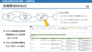 仕様書はEXCELに 34
形式的仕様記述の導入事例 ー 仕様書作成
電源
OFF
初期化
画面
アーム操作
画面
 ひとつの画面を状態遷
移機械のひとつの状態
（丸）にする
 ひとつの状態の遷移を
ひとつのシートに書く
EXCELの理由
– エンジニア以外でも見慣れている
– エンジニア以外でもグルーピングや
フィルターなど使える
 