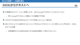 EXCELからテキストへ 56
導入から習慣へ ー 仕様書の変化
仕様書 をGitでバージョン管理したが、diffとmergeができないことがストレスに
– 特にmergeができないと複数人での編集が不可能
プログラマは 自分が好きなエディタで作業したいという要求も
導入 プロジェクトの後半からエンジニアを中心にテキストベースに移行したい声があり、EXCEL
をすてる決意
状態遷移– モデル全体を記述できる言語を開発して移行することに
 