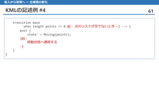 KMLの記述例 #4 61
導入から習慣へ ー 仕様書の変化
transition move
when length points != 0 @[- 点のリストが空でないとき -] --> {
post {
state' = Moving(points);
}@{-
移動状態へ遷移する
-}
}
}
 