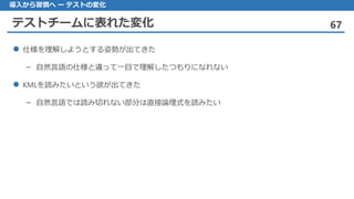 テストチームに表れた変化 67
導入から習慣へ ー テストの変化
仕様 を理解しようとする姿勢が出てきた
自然言語– の仕様と違って一目で理解したつもりになれない
KML を読みたいという欲が出てきた
自然言語– では読み切れない部分は直接論理式を読みたい
 