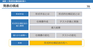 発表の構成 70
未来 ー 形式的仕様記述の先へ
形式手法とは 形式的仕様記述とは形式手法
仕様書作成 テスト計画と実施
導入結果
形式的仕様記述の
導入事例
仕様書の変化 テストの変化導入から習慣へ
形式的仕様記述の先へ未来
 