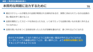 本質的な問題に注力するために 78
未来 ー 形式的仕様記述の先へ
最近 スケジュールが優先され品質が軽視される傾向があるが、実際に求められているのは品質の
高い製品を早く届けること
品質 を犠牲にしてスピードを求める人たちは、いつまでたっても品質の高いものを速く作れるよ
うになれない
品質 の高いものをつくる技術を持った人たちが訓練を重ねれば、速く作れるようになれる
自分たちを訓練して当たり前のように品質の高い製品が作れるようになれば、
ユーザにとっての価値は何か？とか、使い勝手とか、より本質的な問題に注力
することができるようになる
 